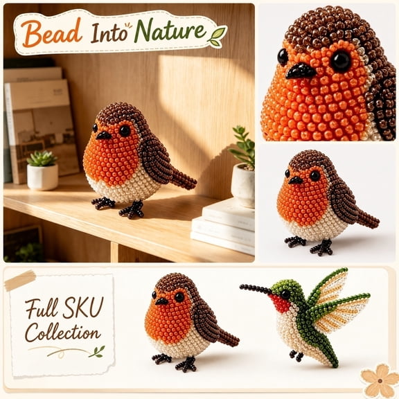 3D Beaded Bird DIY Kit, 2 Styles Nature Themed Robin & Hummingbird Bead Craft Set with Full Supplies, Beginner Friendly Handmade Desktop Ornament Gift