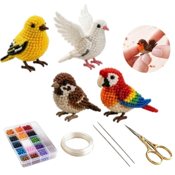 3D Beaded Bird DIY Kit, 4-Piece Handmade Craft Set with Goldfinch, Dove, Sparrow & Parrot, Beginner-Friendly Beading Kit for Adults Teens