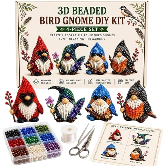 3D Beaded Bird Gnome DIY Kit, 4-Piece Handmade Beading Set, Create Cardinal, Hummingbird & More Bird-Inspired Gnomes, Craft Kit for Adults & Teens, Relaxing Art Project, Home Decor Gift