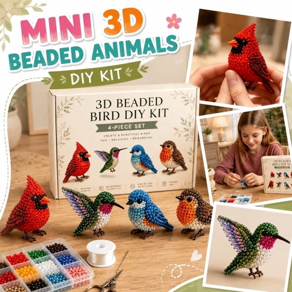 3D Beaded Cardinal Bird DIY Kit – 4Pcs Red Bird Beading Craft Set with Acrylic Beads Wire Instructions, Beginner Friendly 3D Bead Craft Kit