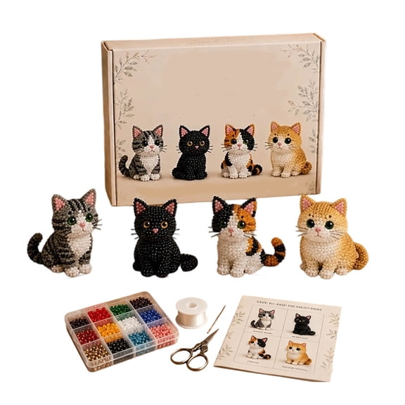 3D Beaded Cat Craft Kit, 4PCS DIY Beading Kits for Adults, Tiny 3D Beaded Animal DIY Kit DIY Bead Embroidery Kit for Beginners Craft Enthusiasts Adults