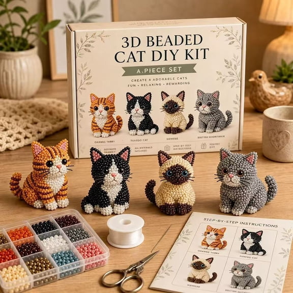 3D Beaded Cat DIY Craft Kit, Complete Animal Bead Making Set with Color Beads Tools Instruction Book, Handmade Cat Figurine Beading Supplies for Adult Teen Hobby Gift