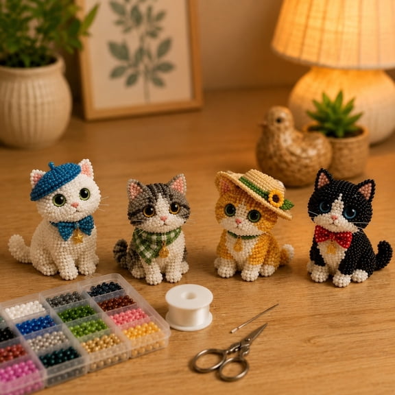 3D Beaded Cat DIY Kit - 4 PCS Set Realistic 3D Beaded Animal Kit for Beginners, All-in-One Kitty Animals Craft Kit for Stress Relief & Home Decor, Perfect Personalized Gift for Cats Lovers