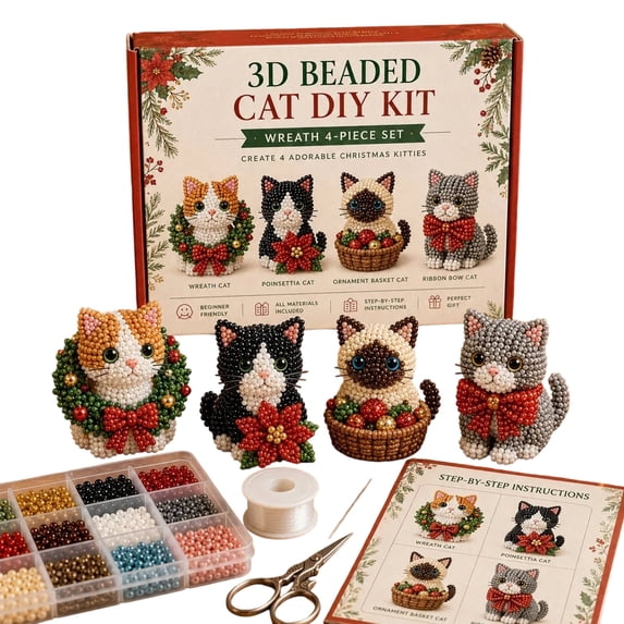 3D Beaded Cat DIY Kit, Christmas Animal Bead Craft Set for Handmade Projects, Creative Jewelry Making Kit with Beads and Accessories