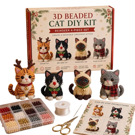 3D Beaded Cat DIY Kit, Christmas Animal Bead Craft Set for Handmade Projects, Creative Jewelry Making Kit with Beads and Accessories