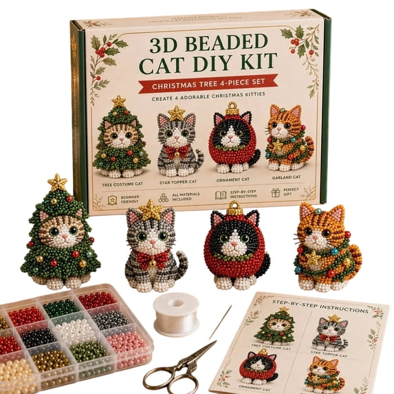 3D Beaded Cat DIY Kit, Christmas Animal Bead Craft Set for Handmade Projects, Creative Jewelry Making Kit with Beads and Accessories