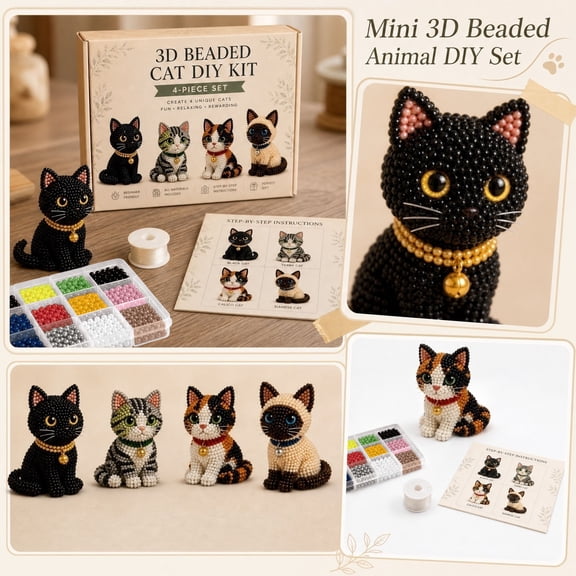 3D Beaded Cat DIY Kit,Tiny 3D Beaded Animal DIY Kit, Easy DIY Beading Embroidery Kit with 4 Cute Designs, 3D Cat Themed Beadwork Kit for Beginners & Craft Enthusiasts, with Instructions