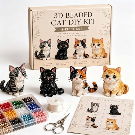 3D Beaded Cats DIY Kit, Cute Hand-Made Beads Animal Craft Set, Colorful Animals Themed Beadwork Kits, Funny Desk Decor for Beginners Adults