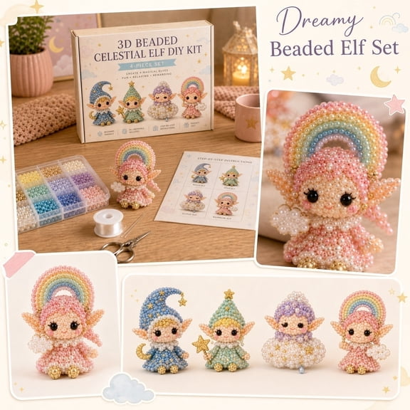 3D Beaded Celestial Elf Diy Kit, Magical Crafts, Elf Figurines Crafting, Small Figurines, for Making Moon Elf, Star Elf, Cloud Elf, and Rainbow Elf Designs, Includes Pearl Beads,