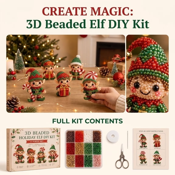 3D Beaded Christmas Elf DIY Kit, Make 4 Different 3D Festive Bead Elf Ornaments, Complete Beginner Friendly Handmade Craft Set for Christmas Season Decoration and Gifting