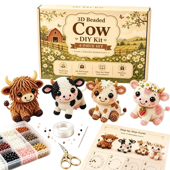 3D Beaded Cow DIY Craft Kit, Highland Cow Bead Animal Making Set, Beginner Friendly Desktop Decoration & Gift Idea for Adults