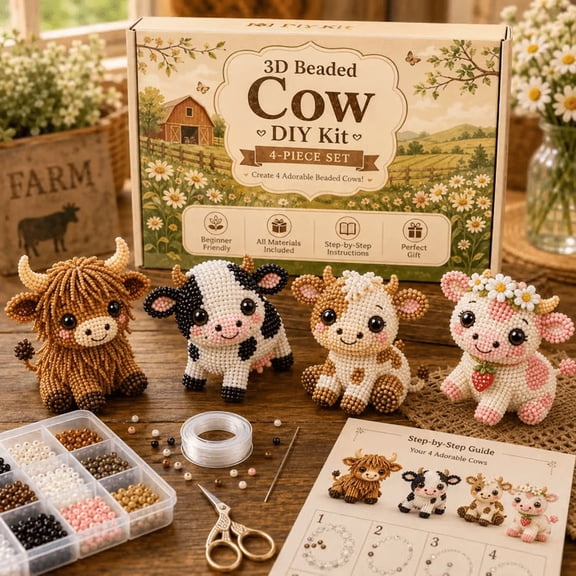 3D Beaded Cow DIY Craft Kit, Small Animal Beading Thread Set, Creative Art Project for Beginners Adults, Desktop Home Decor