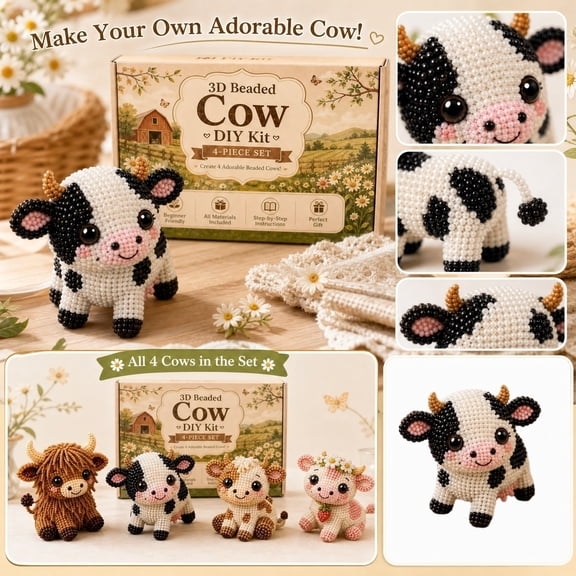 3D Beaded Cow DIY Kit Artisan Animal Craft Set for Decorative Hobbyists, Handmade Miniature Display Model, Style 17