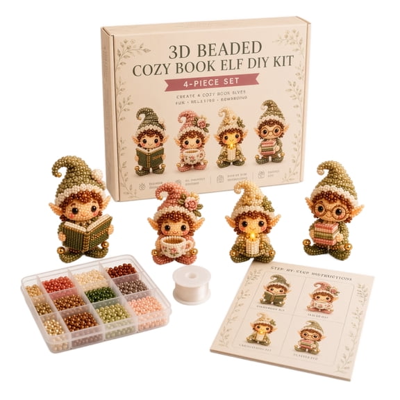 3D Beaded Cozy Book Elf DIY Kit 4 Piece Set Handmade Beading Craft Kit with Beads Thread and Instructions for Creative Projects and Decoration