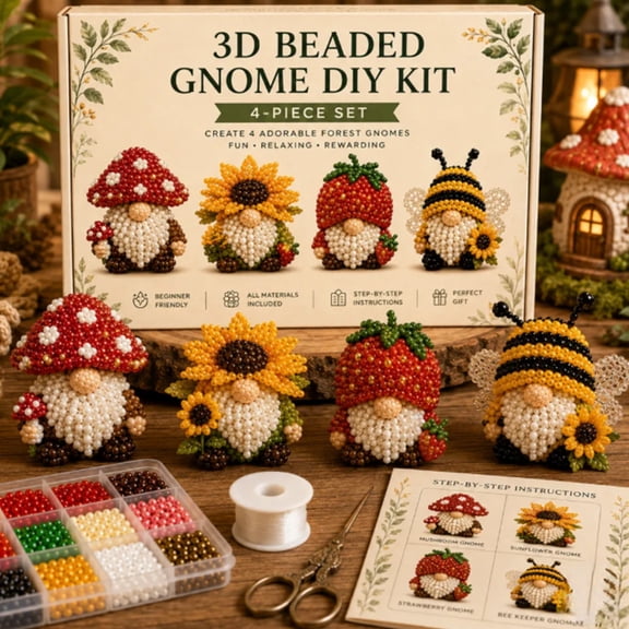 3D Beaded Craft Kit, DIY Handmade Beaded Gnome Embroidery Kit, DIY Beadwork Craft Kit for Beginners Adults, Bead Art Set with Full Materials & Instructions