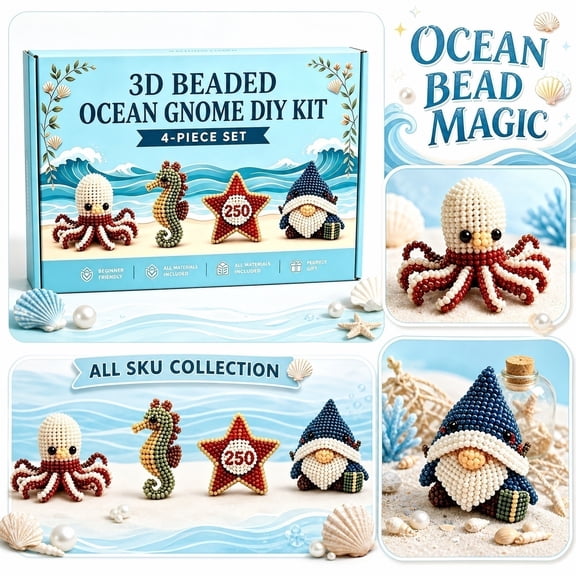 3D Beaded Crafts Ocean Animal Beading Kit, 4 Piece Nautical Themed Craft Set, Beginner Beading Supplies for Adults and Kids, Handmade Figurines Home Decor Diy Beaded Ornaments
