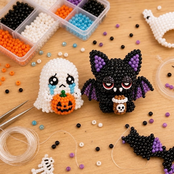 3D Beaded Creepy Cute Monster DIY Craft Kit, 4 Styles Hand String Bead Making Set with Ghost Bat Frog Teddy, Relaxing Halloween Handmade Ornament Decor Gift for Teens Adults