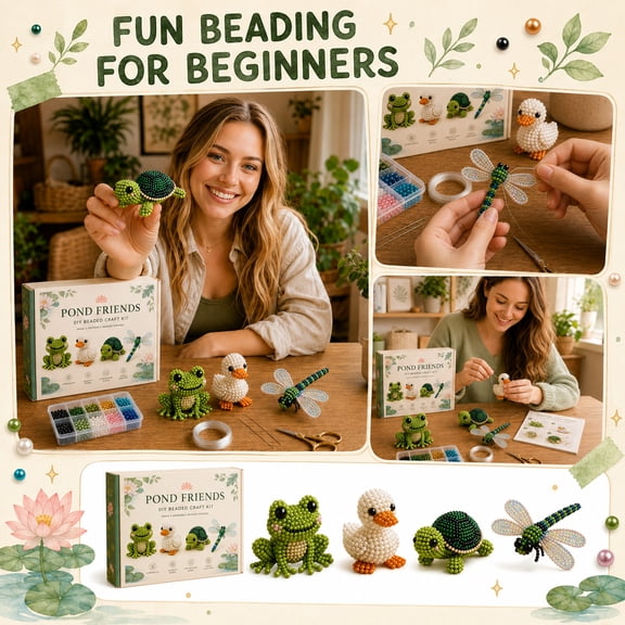 3D Beaded DIY Kit, 4-Piece Handmade Craft Set, Create Frog, Duck, Turtle & Dragonfly Figurines, Beginner Friendly Beading Kit for Adults & Teens, Relaxing Art Project & Home Decor Gift