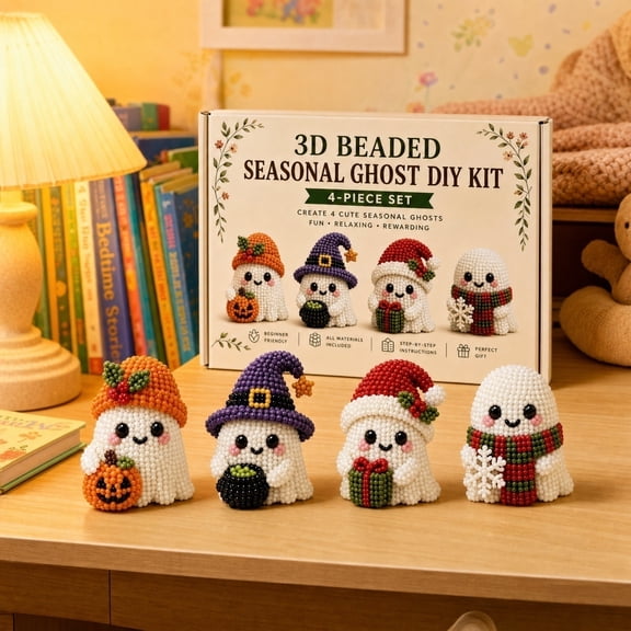 3D Beaded DIY Kit, Cute Bead Craft Set, Beginner Friendly Halloween Beading Set with Beads Wire Needle Instruction, Handmade Skeleton Figurine Making Kit for Home Decor Gift Ghost