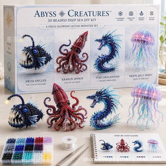 3D Beaded Deep Sea Animal DIY Kit, Assorted Luminous Ocean Creature Beading Kit, Step Guide Included Handmade Figurine Set for Home Tabletop Display Decor