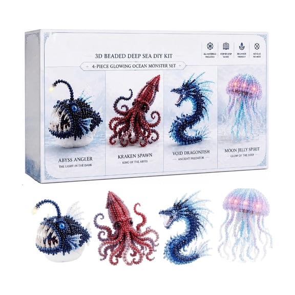 3D Beaded Deep Sea Animal DIY Kit, Glow Ocean Monster Hand Beading Craft Set, Complete Matching Bead Materials for DIY Desktop Ornament Making