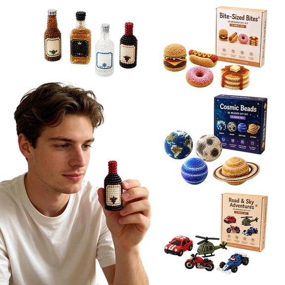 3D Beaded Diy Kit, Beaded Craft Kit, Craft Kits for Student, 4-Piece Set, Complete Vehicle-Themed Bead Craft Supplies Set Includes 1 Box of Beads, 1 Roll of String, 1 Pair of