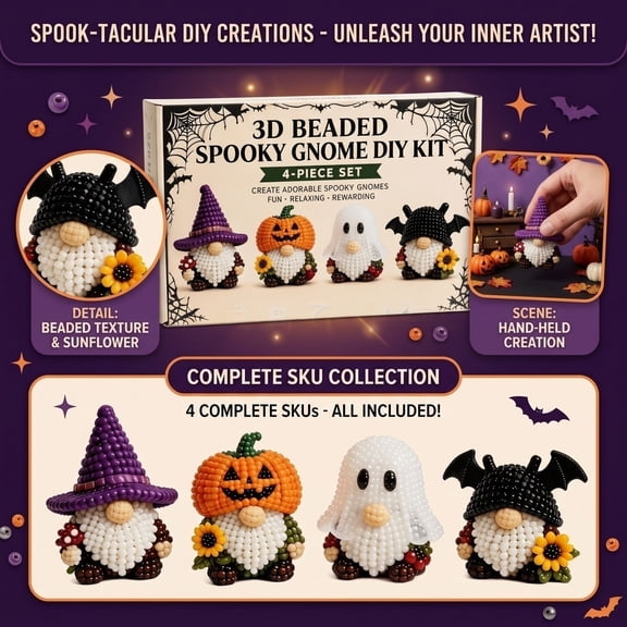 3D Beaded Dog DIY Kit, 4-Piece Bead Animal Making Kit for Beginners & Creative Adults (Halloween Gnome)