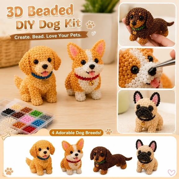 3D Beaded Dog Figurine Kit, Plastic Animal Beading Set for Kids, DIY Craft Supplies with Instructions, Handmade Desktop Decoration