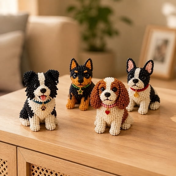 3D Beaded Dog Pet DIY Craft Kit for Beginners, 4 Different Puppy Breeds Hand String Bead Making Set, Handmade Desktop Ornament Stress Relief Gift for Teens Adults Dog Lovers