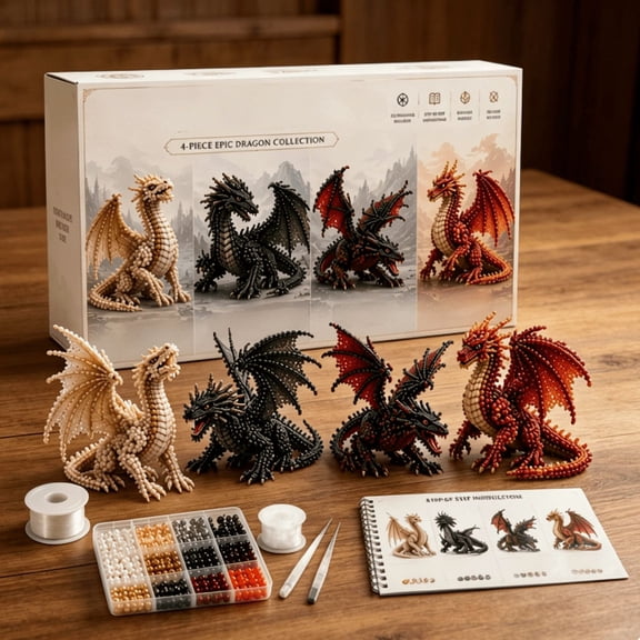 3D Beaded Dragon DIY Kit, 4 Unique Dragon Designs, Complete Beading Accessories Set, Fun Indoor Craft, Handmade Keepsake for Birthdays