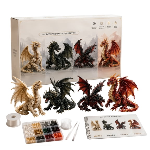 3D Beaded Dragon DIY Kit Four Piece Set with Step by Step Instruction Manual and Complete Bead Materials for Crafting Projects