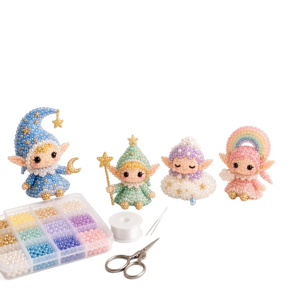3D Beaded Elf DIY Kit, 4-Piece Fantasy Beaded Ornament Craft Set, Complete Beading Kit with Tools for Handmade Decor Making (Sky Elf)