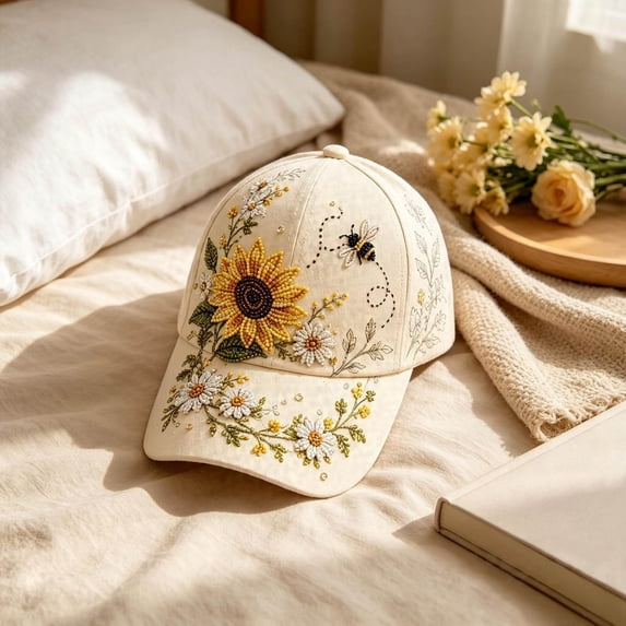 3D Beaded Embroidery Baseball Cap Sunflower Bee Rhinestone Decor Adjustable Outdoor Casual Sun Hat