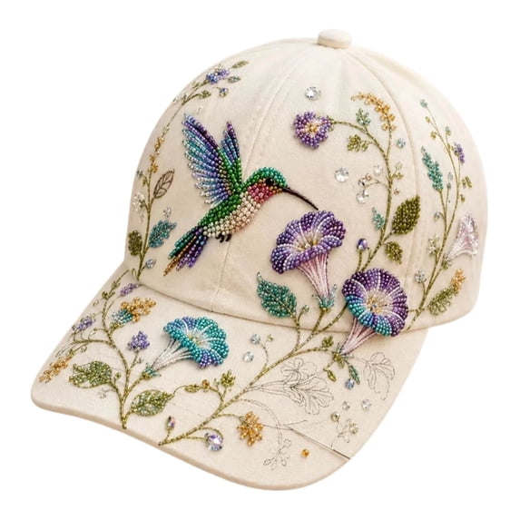 3D Beaded Embroidery Floral Baseball Cap Washed Rhinestone Bird Dad Hat Boho Adjustable Sun Hat for Women
