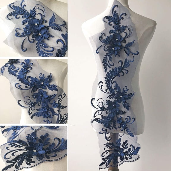 3D Beaded Floral Lace Appliqué, Crystal-Style Embroidery Sewing Motif for Wedding Dresses, Ball Gowns, Dance Costumes and DIY Garment Décor (Navy)