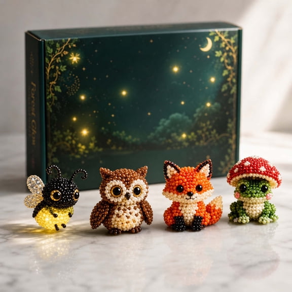 3D Beaded Forest Animal DIY Craft Kit, 4 Styles Hand String Bead Making Set with Firefly Owl Fox Mushroom Frog, Relaxing Nature Handmade Ornament Decor Gift for Teens Adults