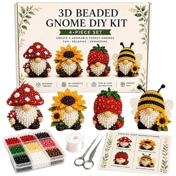 3D Beaded Forest Gnome Kit, All-Inclusive DIY Craft Set with 4 Themed Patterns, Create Handmade Beaded Gnomes, Stress Relief Activity & Unique Decor Accents (D)
