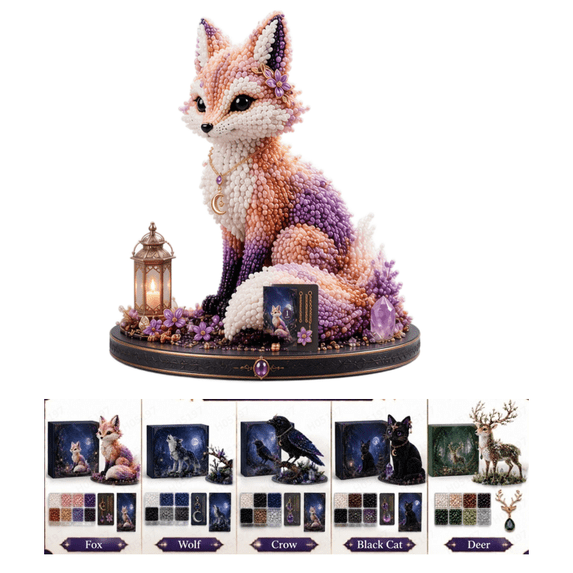 3D Beaded Fox DIY Kit, Dark Magical Forest Beading Kit, Handcrafted 3D Animal Figurine Set for Shelf Display DIY Craft Project