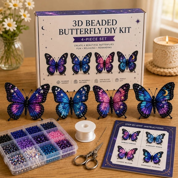 3D Beaded Galaxy Butterfly Craft Kit, 4 Unique Nebula Butterfly Figurine Making Set with Full Materials, Cute Handmade Desk Wall Decor Creative Gift