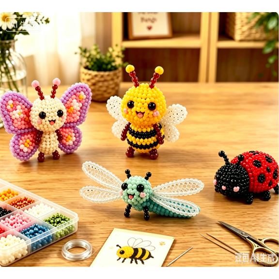 3D Beaded Garden Bugs Craft Kit, 4-Piece Petite Animal DIY Beading Set, Handmade Desk Decor Gift for Kids Adults, Complete Kit with Step-by-Step Guide
