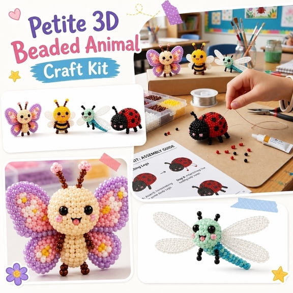 3D Beaded Garden Bugs DIY Kit, Petite 4-Piece Insect Craft Set, Creative Beading Art Project for Kids Adults, Complete Kit with Instructions for Desk Decor