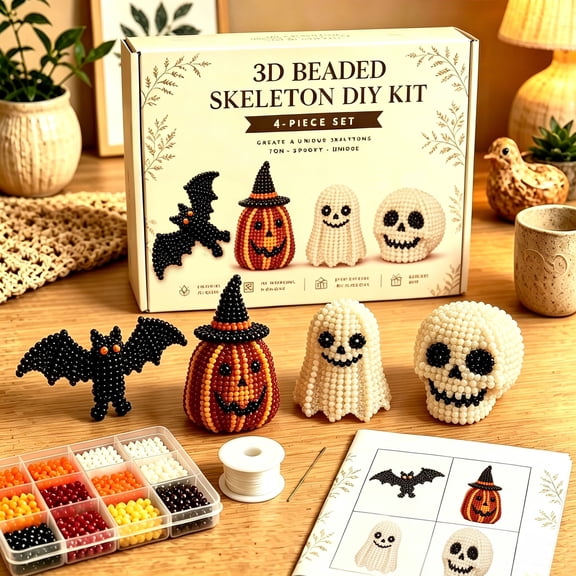 3D Beaded Ghost & Pumpkin DIY Craft Kit Set of 4, Halloween Spooky Pumpkin Beading Supplies with Instruction Book, Beginner Friendly Handmade Ornament Kit for Fall Home Decor & Parent-Child Craft
