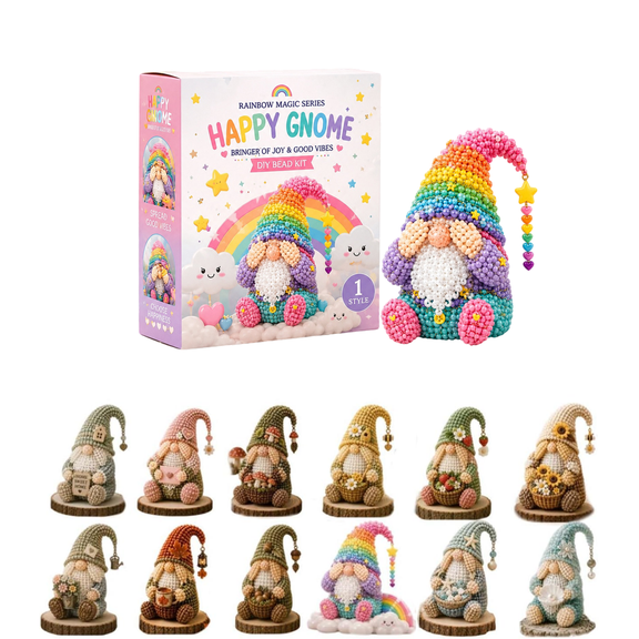 3D Beaded Gnome Kit, Collectible Themed Beading Kits, Whimsical Handcrafted Gnome Figurine Project for Shelf Desk Coffee Bar and Cottage Style Home Interior Decoration (Rainbow Gnome)