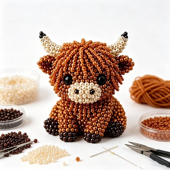 3D Beaded Highland Cow DIY Kit – Adorable Handmade Farm Animals Craft Set, Cute 3D DIY Pets Animal Beading Kit with Instructions, Creative Beading Craft Decoration Gifts for Adults