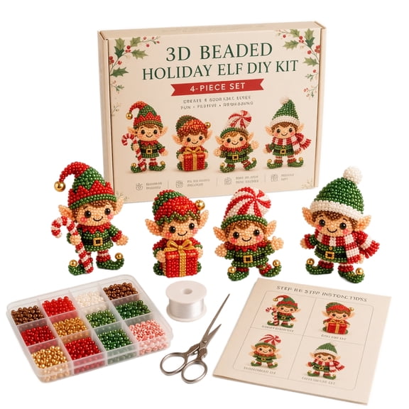 3D Beaded Holiday Elf Beading Kit, Make 4 Christmas Figurine Decorations for DIY Arts & Crafts Gifts, Beginner Beads Set
