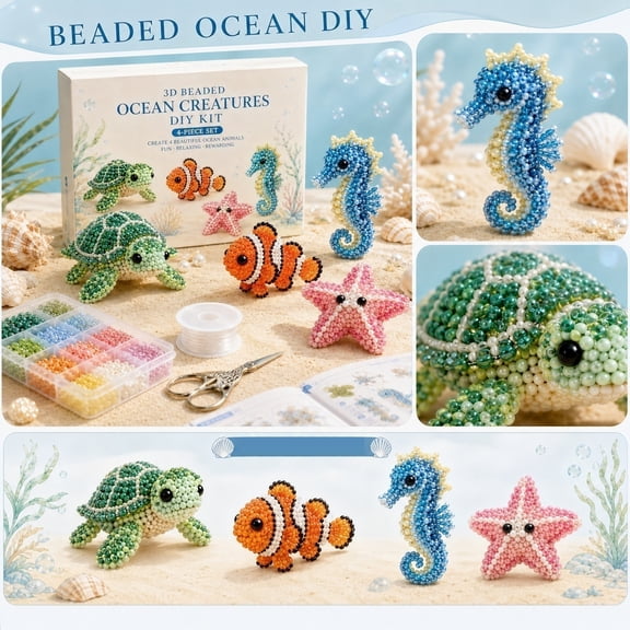 3D Beaded Kit, Bead Animal Making Kit, Beaded Animals, Small Figurine Craft, 4-Piece No-Sew Ocean Animal Diy Beading Set with Turtle Figurines Starfish for Crafts for Hobby