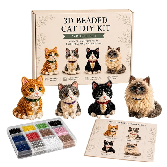 3D Beaded Kits, Beaded Animal Kit Adults, Cat Bead Art Project Set with Instructions, for Beginners Adults Hobbyists Family Holiday Home Desk Bookshelf Mantel Decor