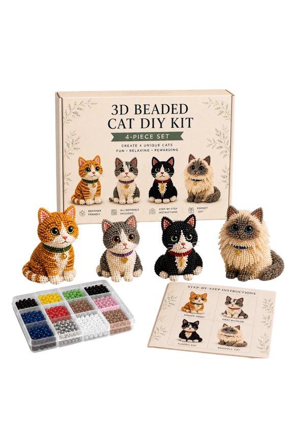 3D Beaded Kits, Beaded Animal Kit Adults, Cat Bead Art Project Set with Instructions, for Beginners Adults Hobbyists Family Holiday Home Desk Bookshelf Mantel Decor