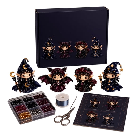 3D Beaded Midnight Gothic Elf Beading Kit, Make 4 Fantasy Figurine Decorations for DIY Arts & Crafts Gifts, Beginner Set