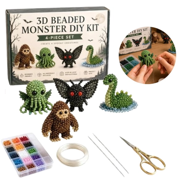 3D Beaded Monster DIY Craft Kit, Mysterious Creatures Beading Set, 4-Piece Cryptid Beadwork Kit for Adults & Teens Beginners